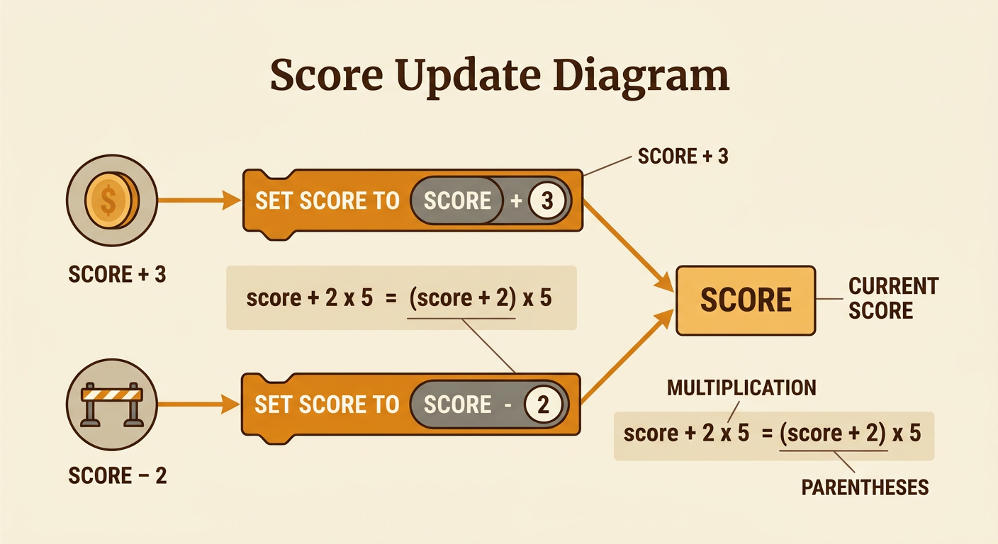 A game update flow shows a coin adding points, an obstacle subtracting points, and two operation-order examples with different results.