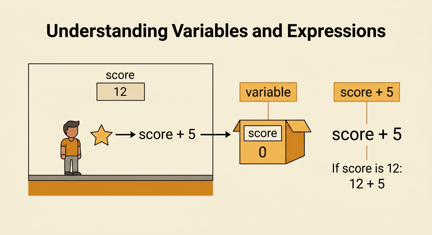 A labeled variable box named score changes from 0 to 5 after a player collects a five-point star.