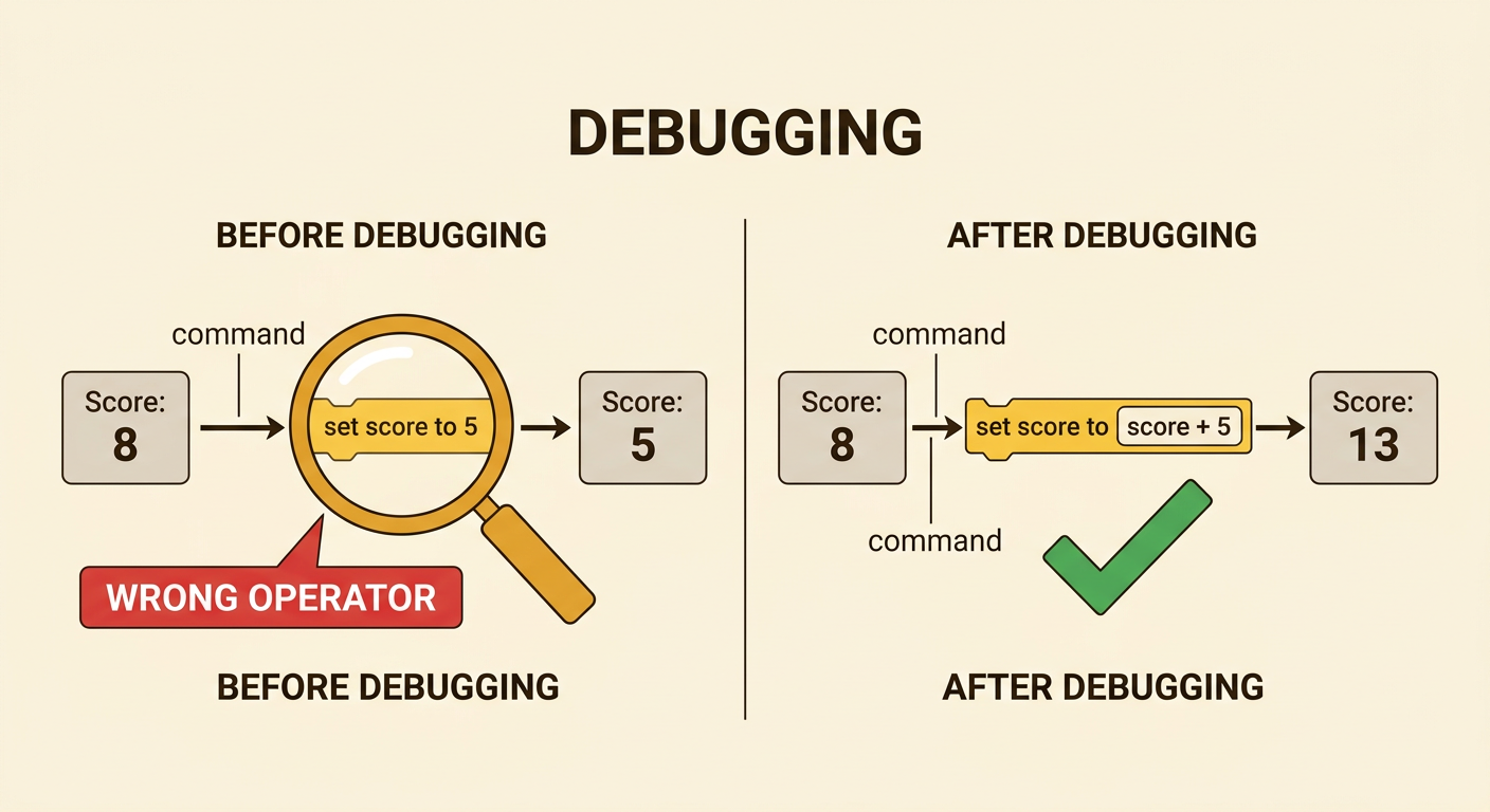 A debugging comparison shows the faulty command replacing 8 with 5 and the corrected command adding 5 to produce 13.