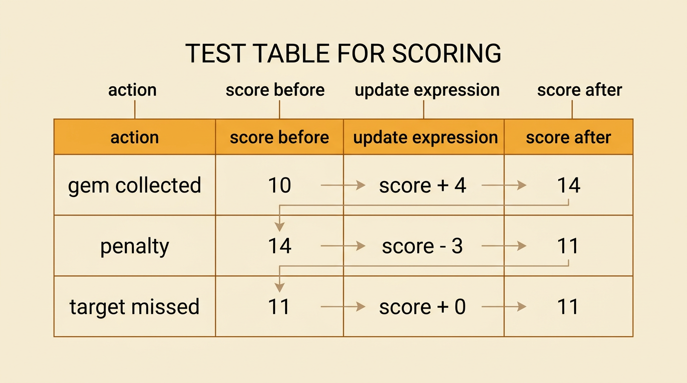 A four-column test table follows a gem, a penalty, and a missed target from each starting score to its predicted ending score.