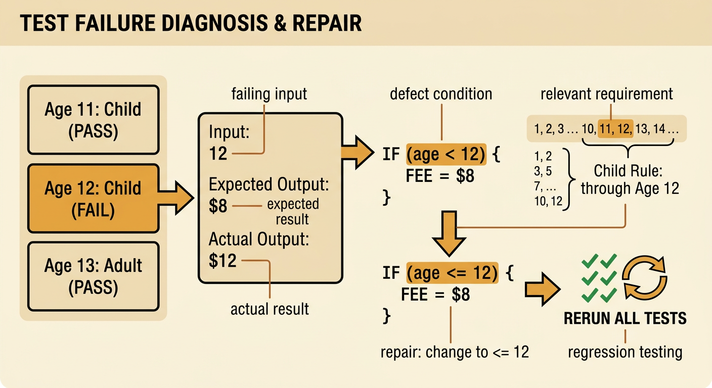 A results panel highlights the age 12 failure beside the incorrect comparison and its corrected condition.