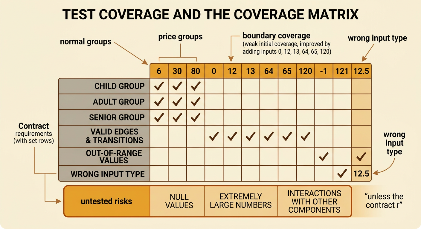 A coverage checklist marks price groups, boundaries, invalid values, and wrong input types while leaving untested risks visible.