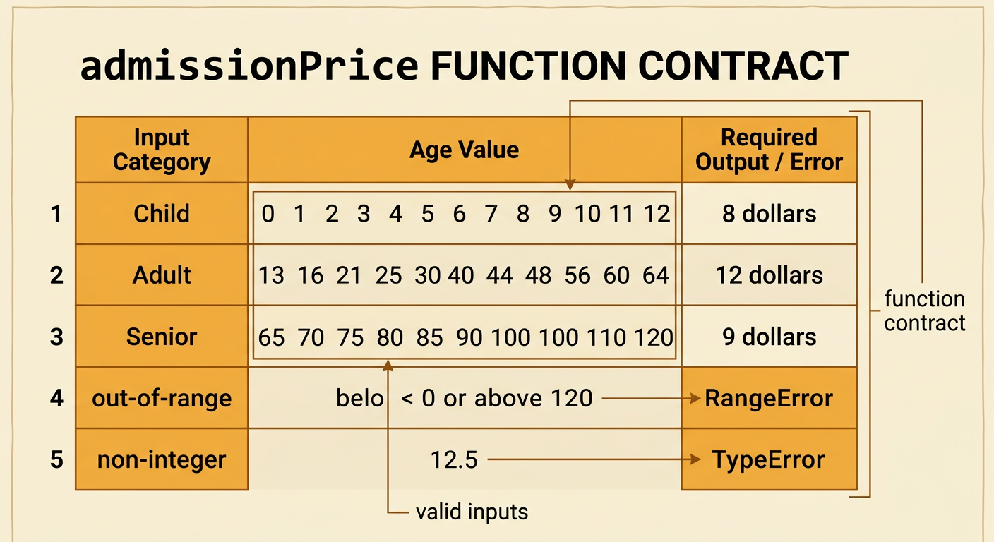 A contract chart divides admissionPrice behavior into valid age groups, out-of-range errors, and non-integer errors.