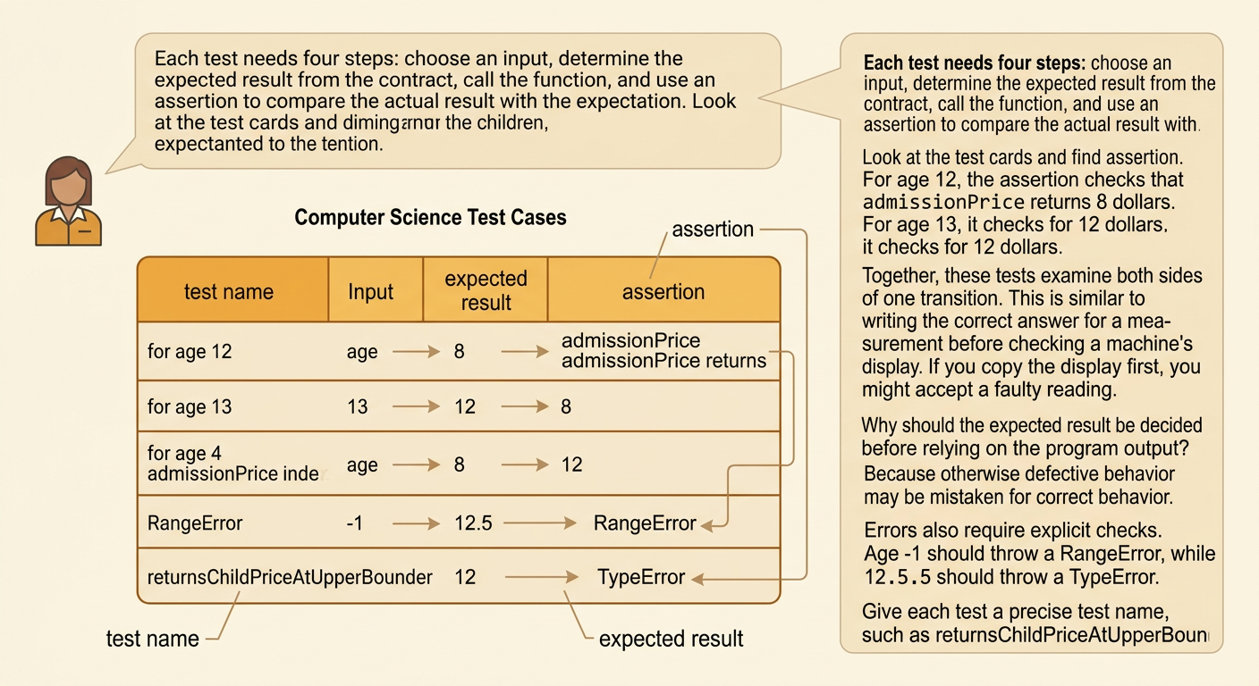 Test cards show assertions for ages 12, 13, -1, and 12.5, along with a precise test name.