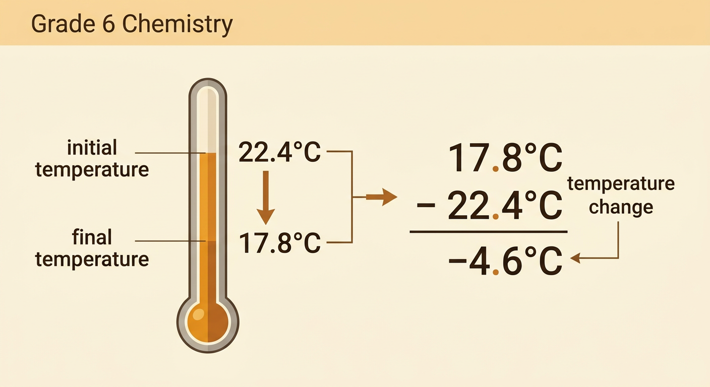 A worked subtraction aligns the initial and final temperatures and shows a temperature change of -4.6°C.