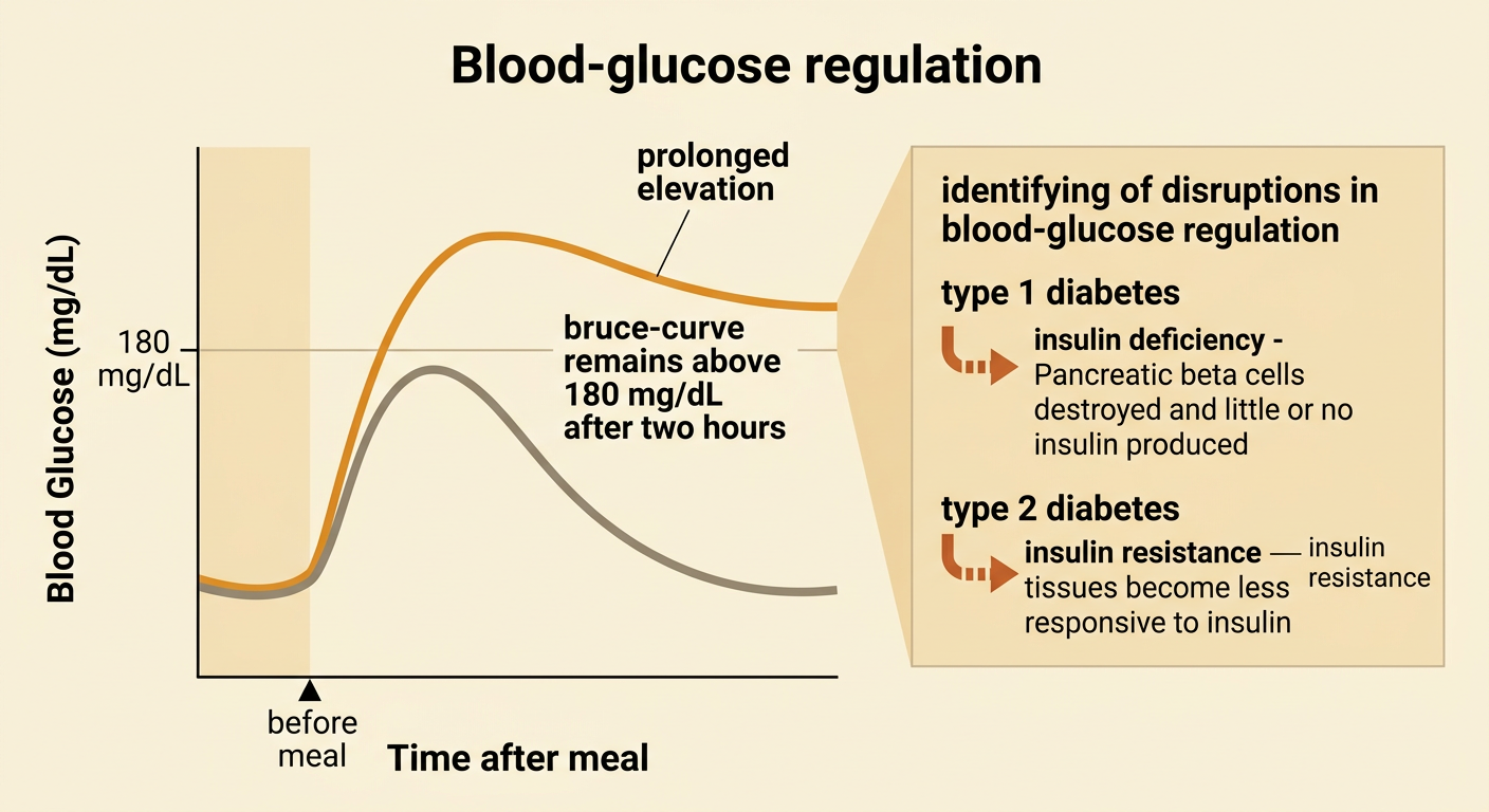 A comparison graph shows one blood-glucose curve returning toward its starting range and another displaying prolonged elevation above 180 mg/dL after two hours.