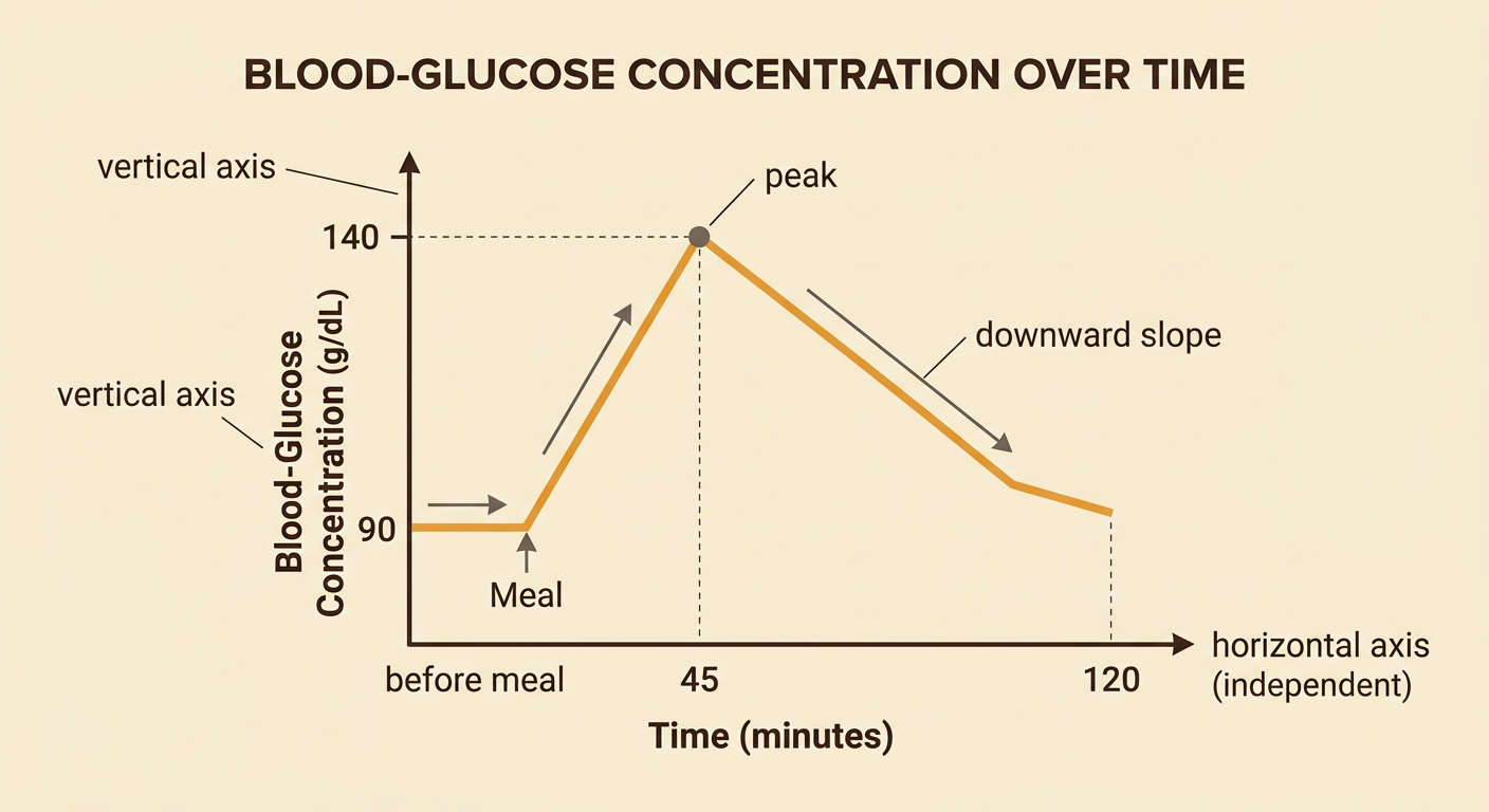 A blood-glucose graph begins at 90 mg/dL, reaches a peak of 140 mg/dL at 45 minutes, and follows a downward slope toward 95 mg/dL at two hours.