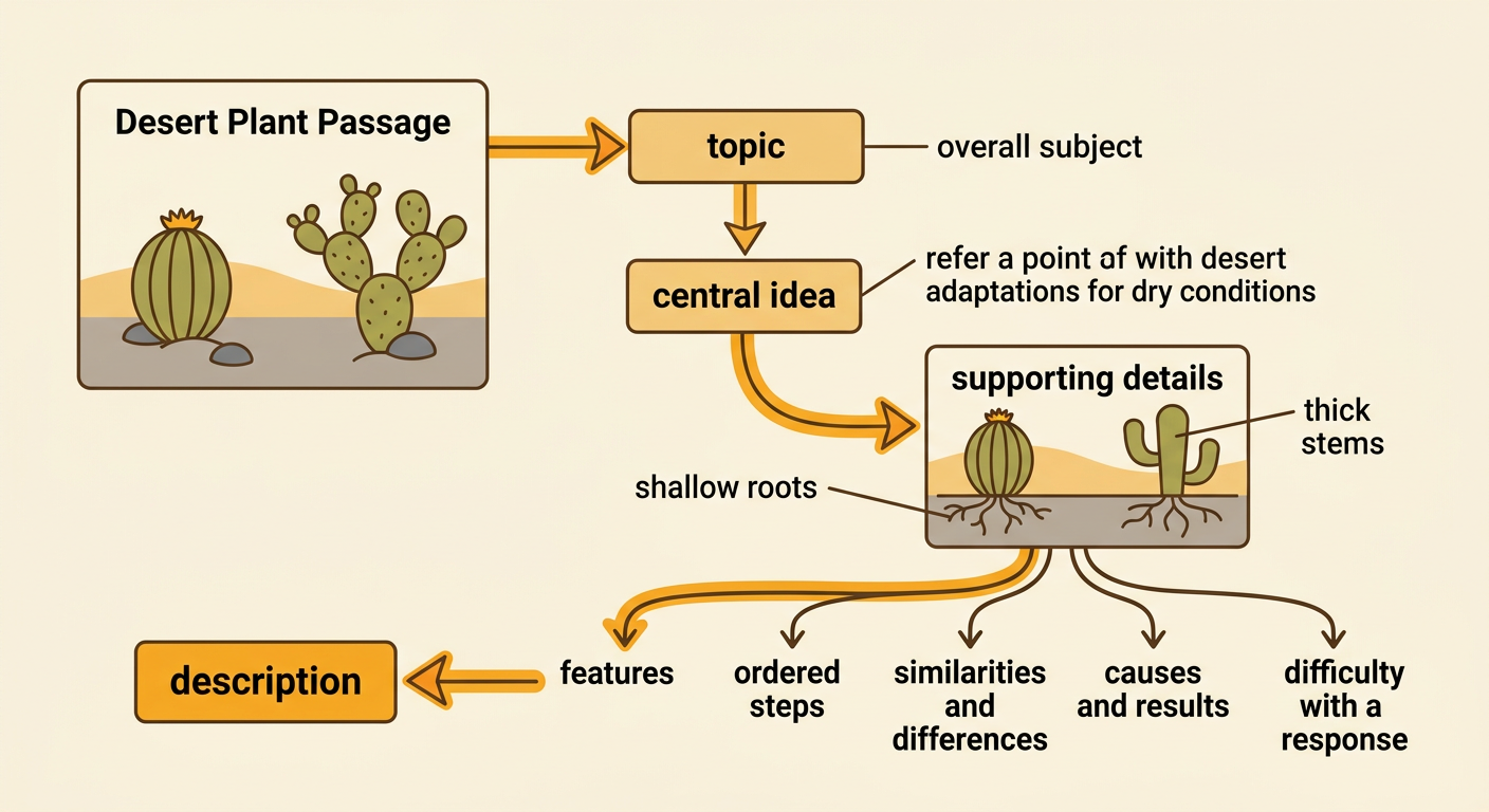 A desert plant diagram highlights water-saving features and connects them to the passage’s central idea about survival.