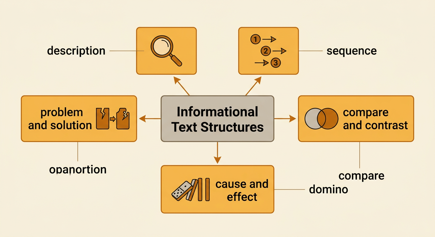 A five-branch organizer shows examples of the common informational text structures, including recyclable materials and plastic waste in the ocean.