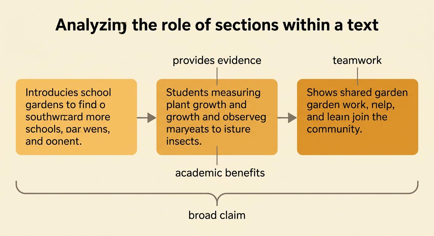A three-part school garden text map moves from a broad claim to academic evidence and then to teamwork.