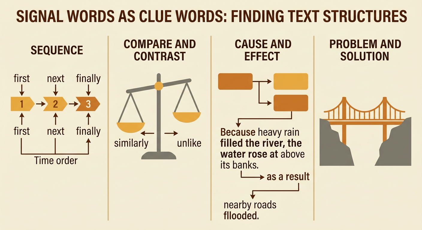 A clue chart pairs ordered steps and a flooded river scene with signal words that reveal relationships between ideas.