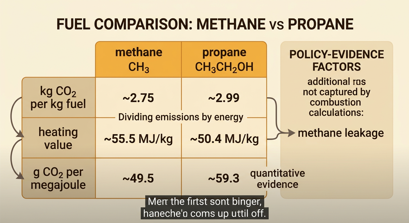 A side-by-side chart compares methane and propane by carbon dioxide per kilogram and carbon dioxide per megajoule, with surrounding policy factors.