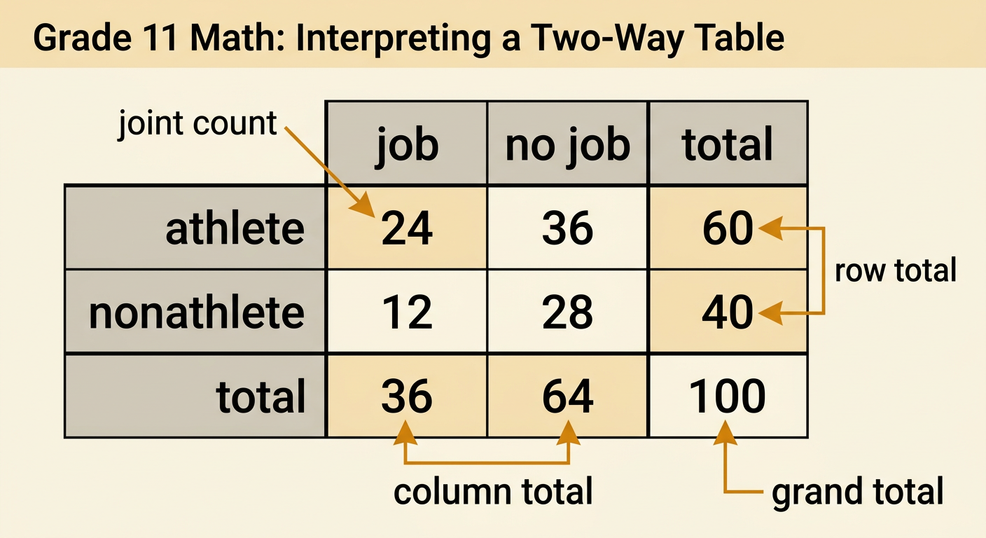 A two-way table displays sport and job counts for 100 students with all marginal totals.