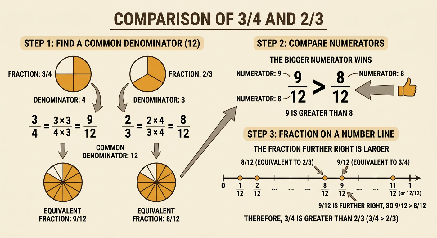 A number line shows 8/12, or 2/3, to the left of 9/12, or 3/4.