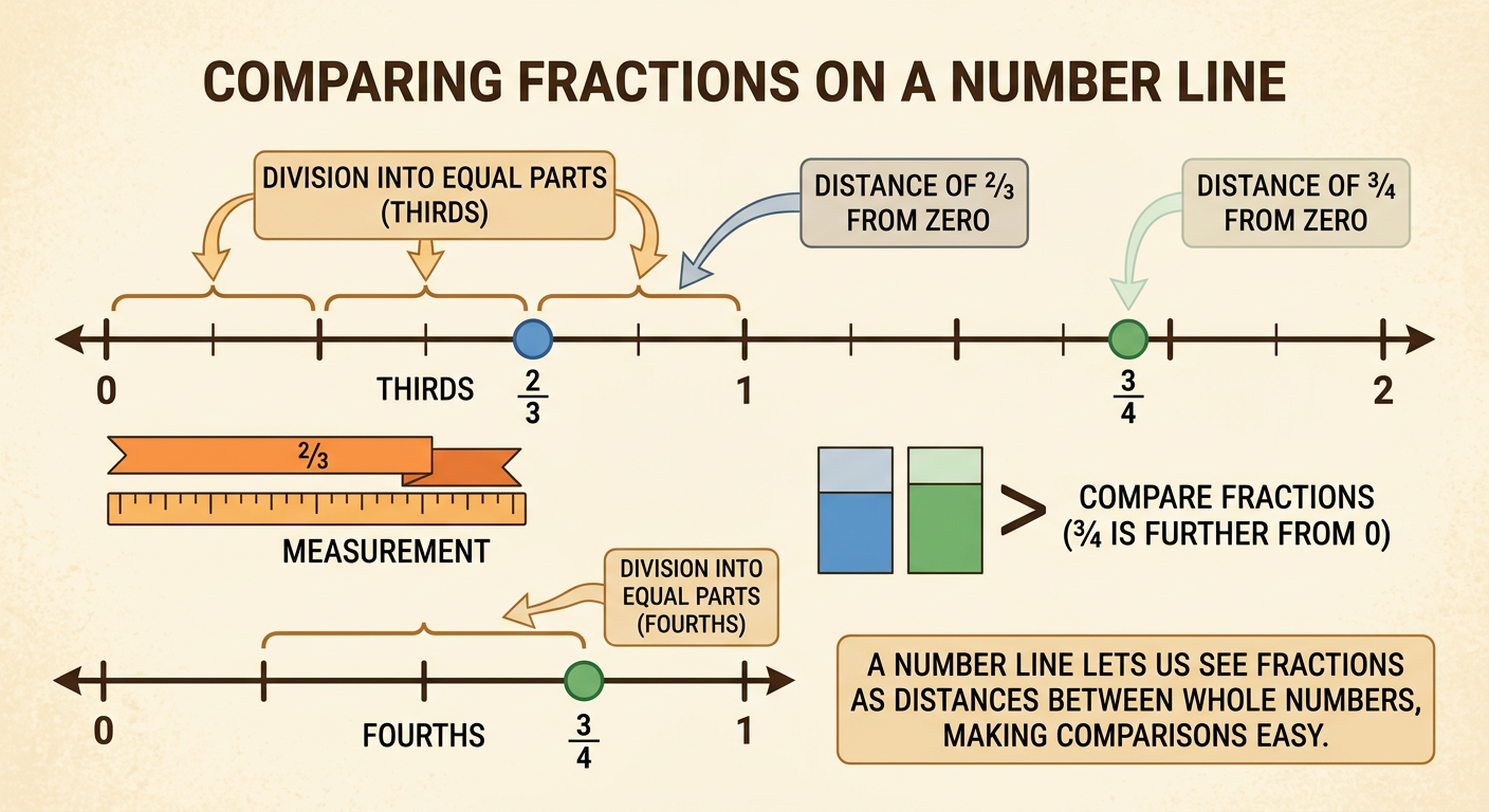 A number line from zero to one shows one-half and three-fourths at their correct locations.