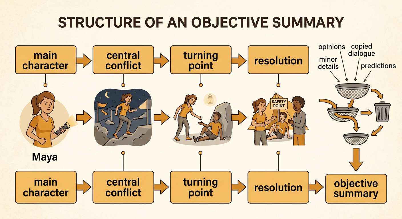 A concise summary organizer follows Maya's race from the central problem through her decisive action and final result.