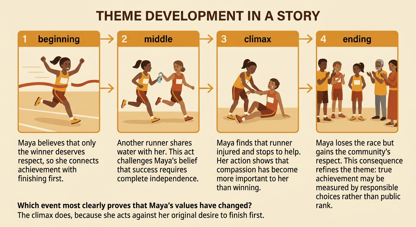 A four-stage timeline shows Maya's changing beliefs and actions from her desire to win through the community's respect.