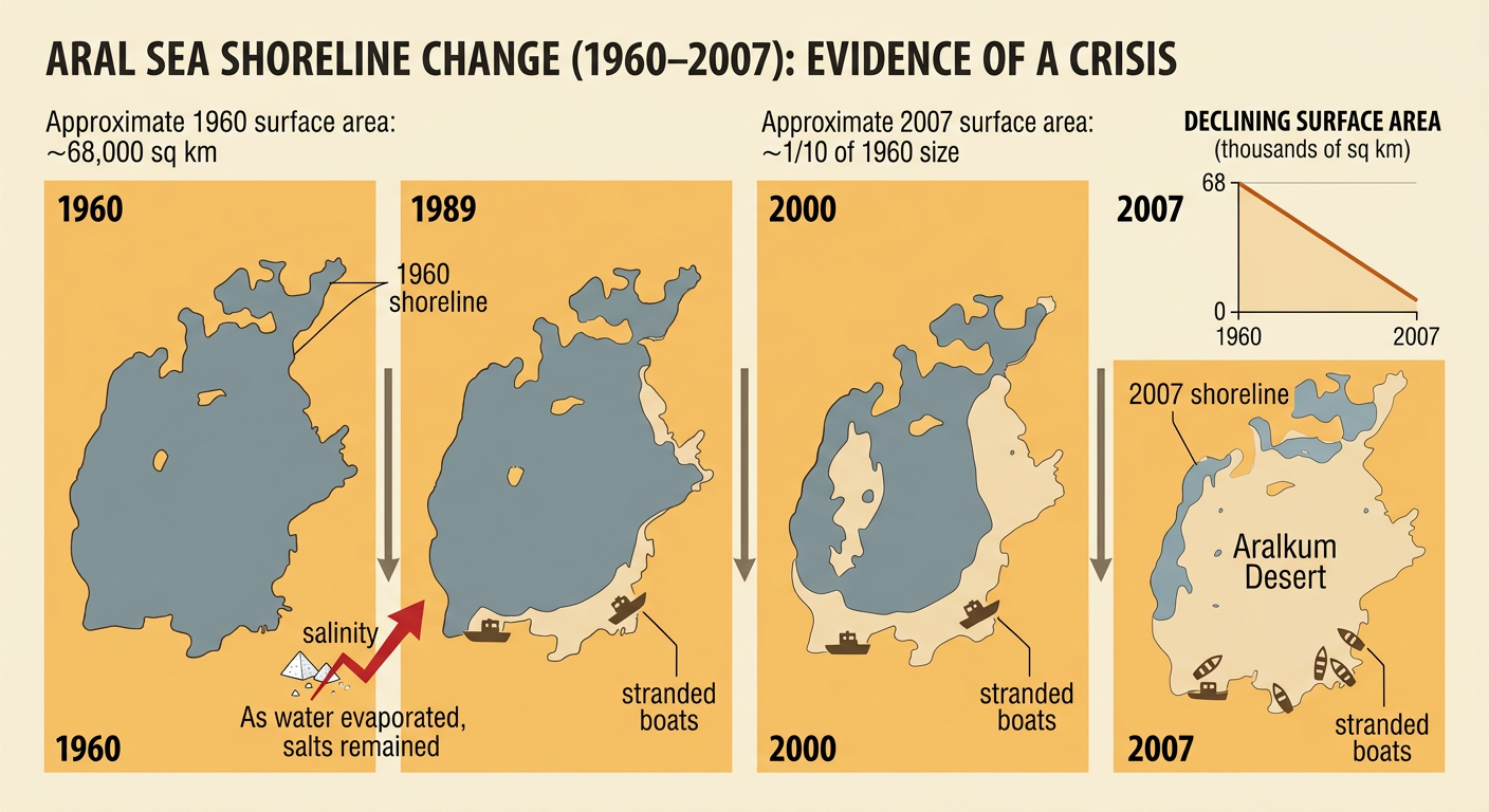 An evidence graphic compares the Aral Sea's 1960 and 2007 shorelines with rising salinity, exposed desert, and fishing boats stranded on sand.