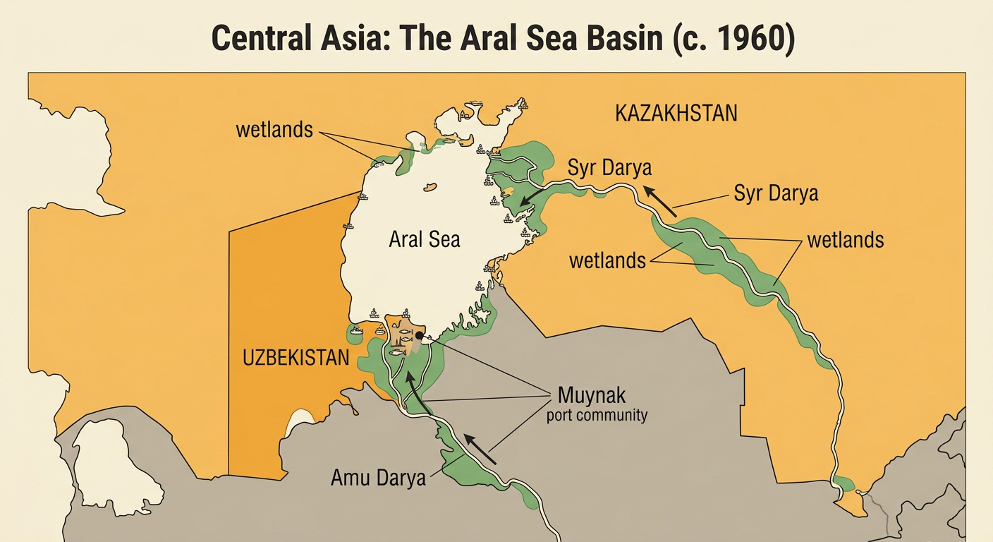 A regional map shows the Aral Sea, its two main rivers, surrounding wetlands, and the former port of Muynak before large-scale irrigation.