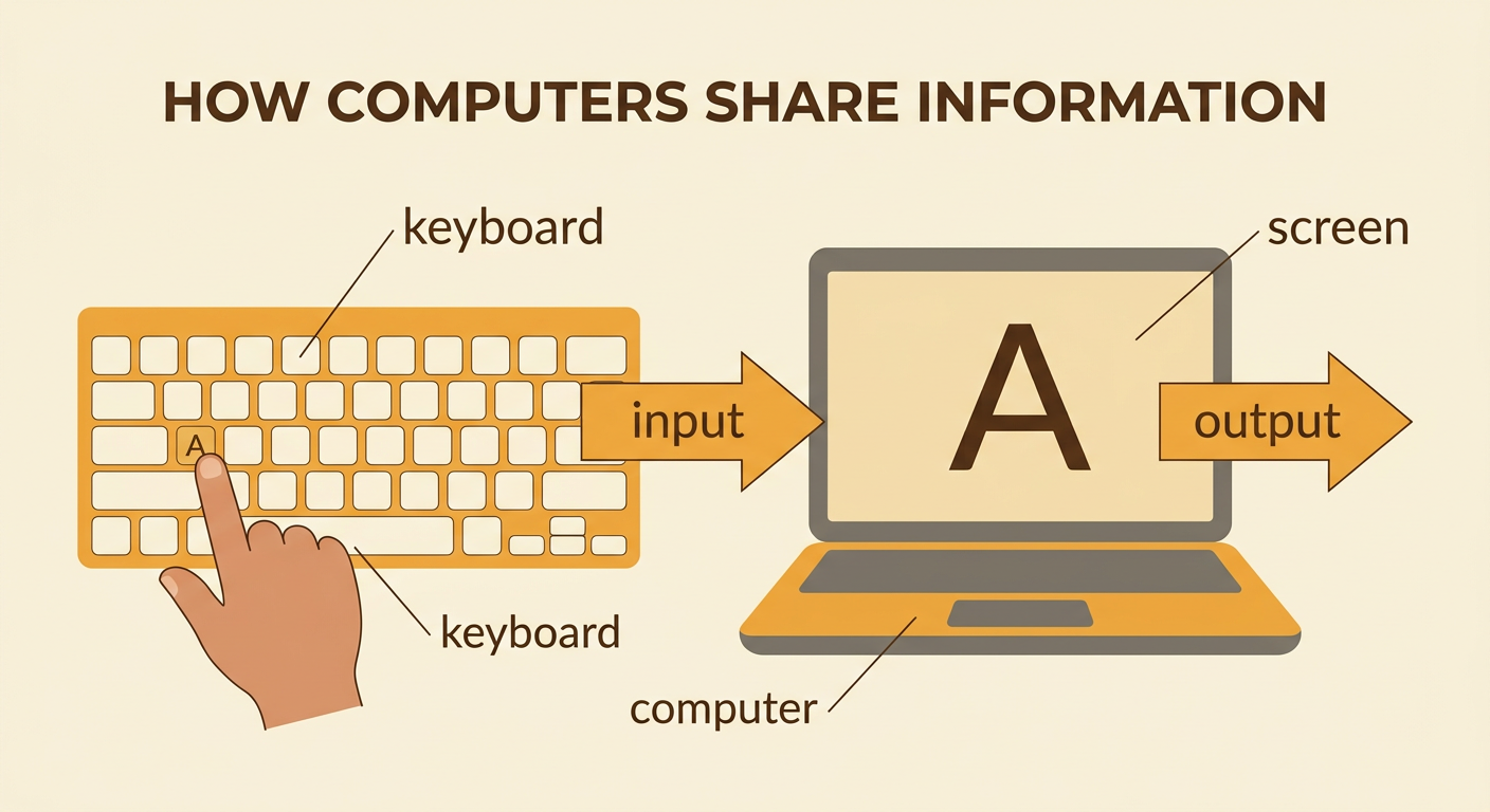 A child presses A on a keyboard, and an arrow passes through a computer to an A shown on a screen.