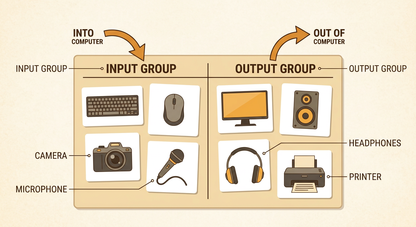 Picture cards of computer devices are sorted into an input group and an output group.