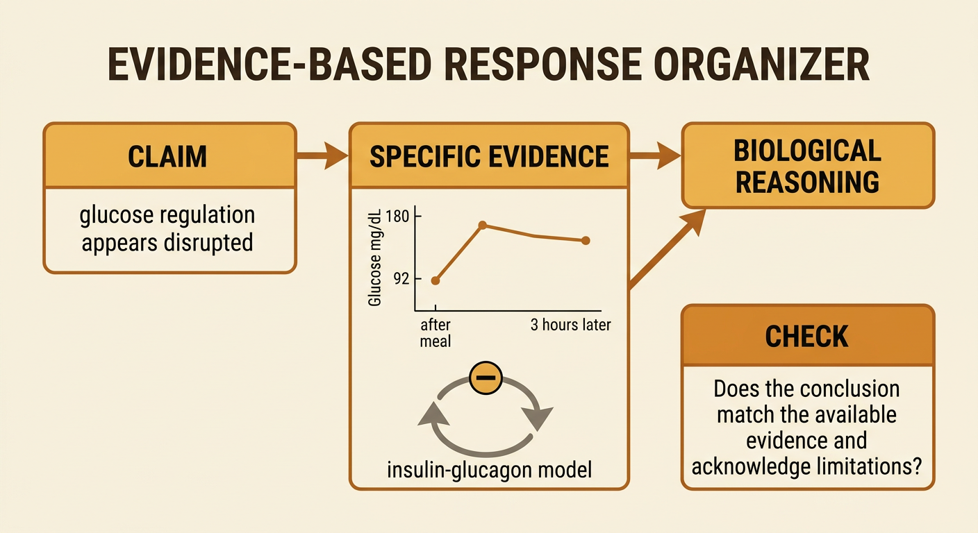 A response diagram links a claim to specific evidence and biological reasoning about sustained blood glucose elevation.