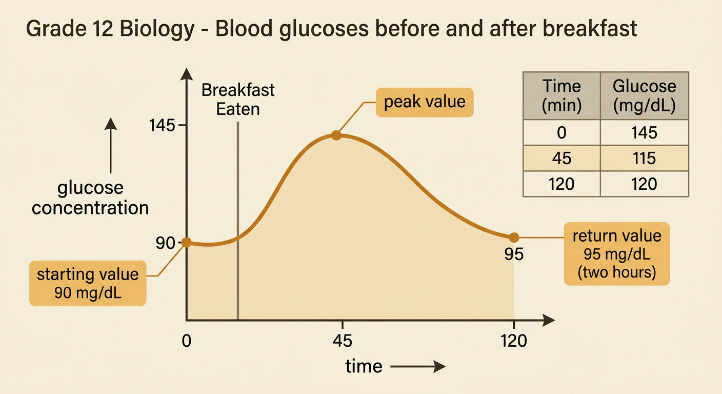 A blood glucose graph shows a breakfast-related rise from the starting value to the peak value and then the return value.