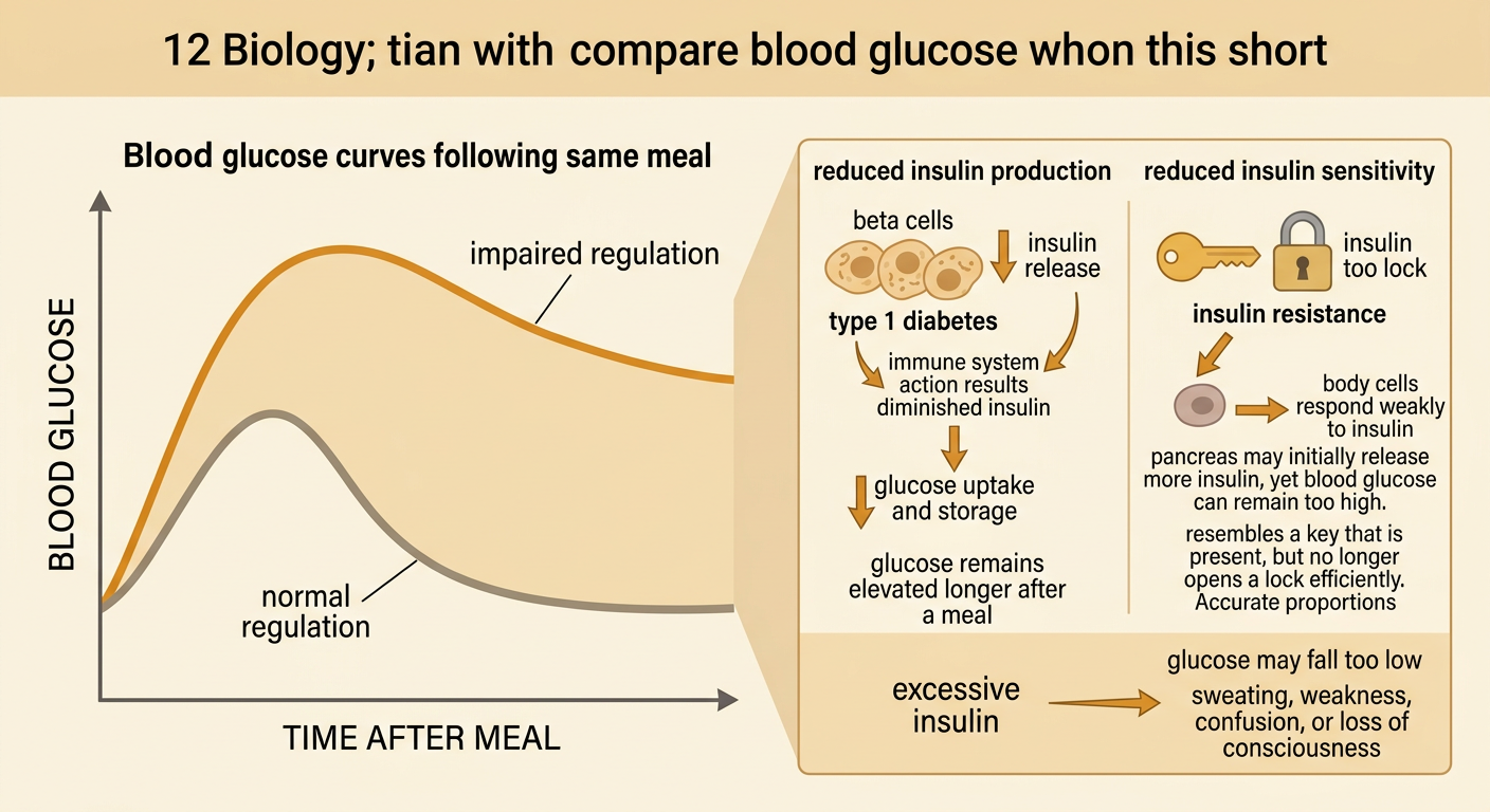 A comparison graph shows normal regulation returning toward baseline while impaired regulation remains elevated after a meal.