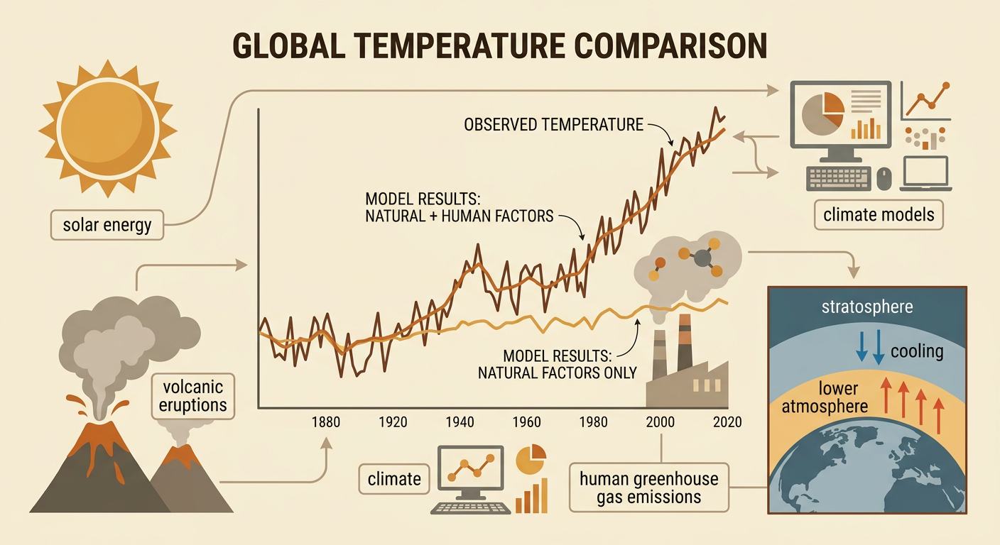A cause-comparison diagram contrasts solar and volcanic effects with the observed fingerprints of human-driven greenhouse warming.