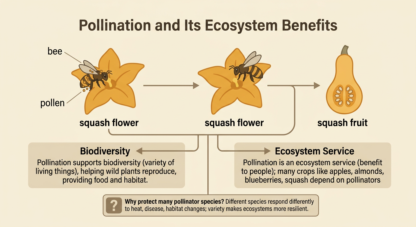 A bee carries pollen between two squash flowers, leading to a developing squash fruit within a diverse habitat.
