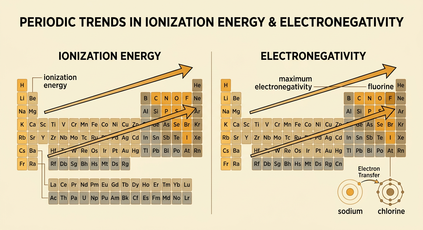 A periodic-table diagram uses arrows and a sodium-chlorine comparison to show ionization energy and electronegativity trends.