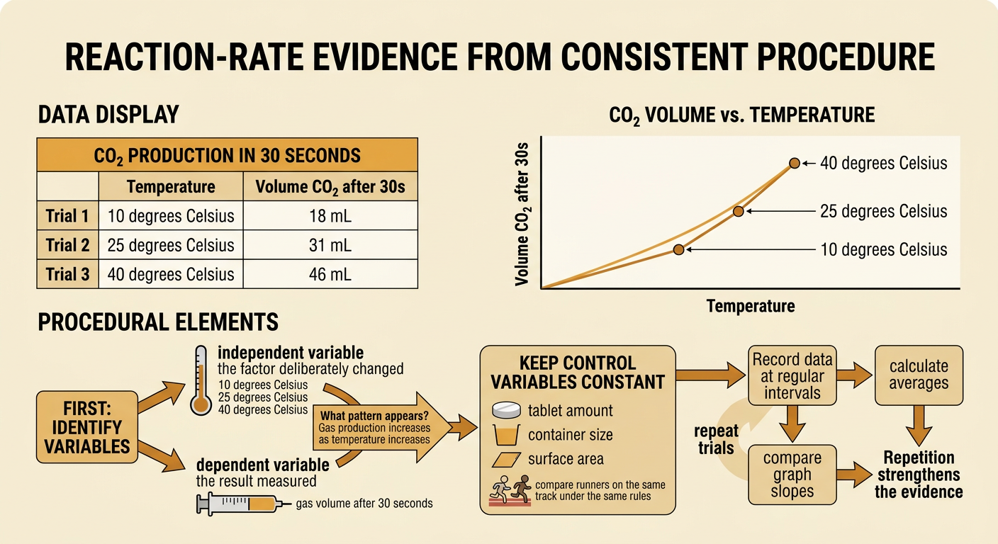 A graph and data table compare gas volumes from tablet trials at three temperatures.