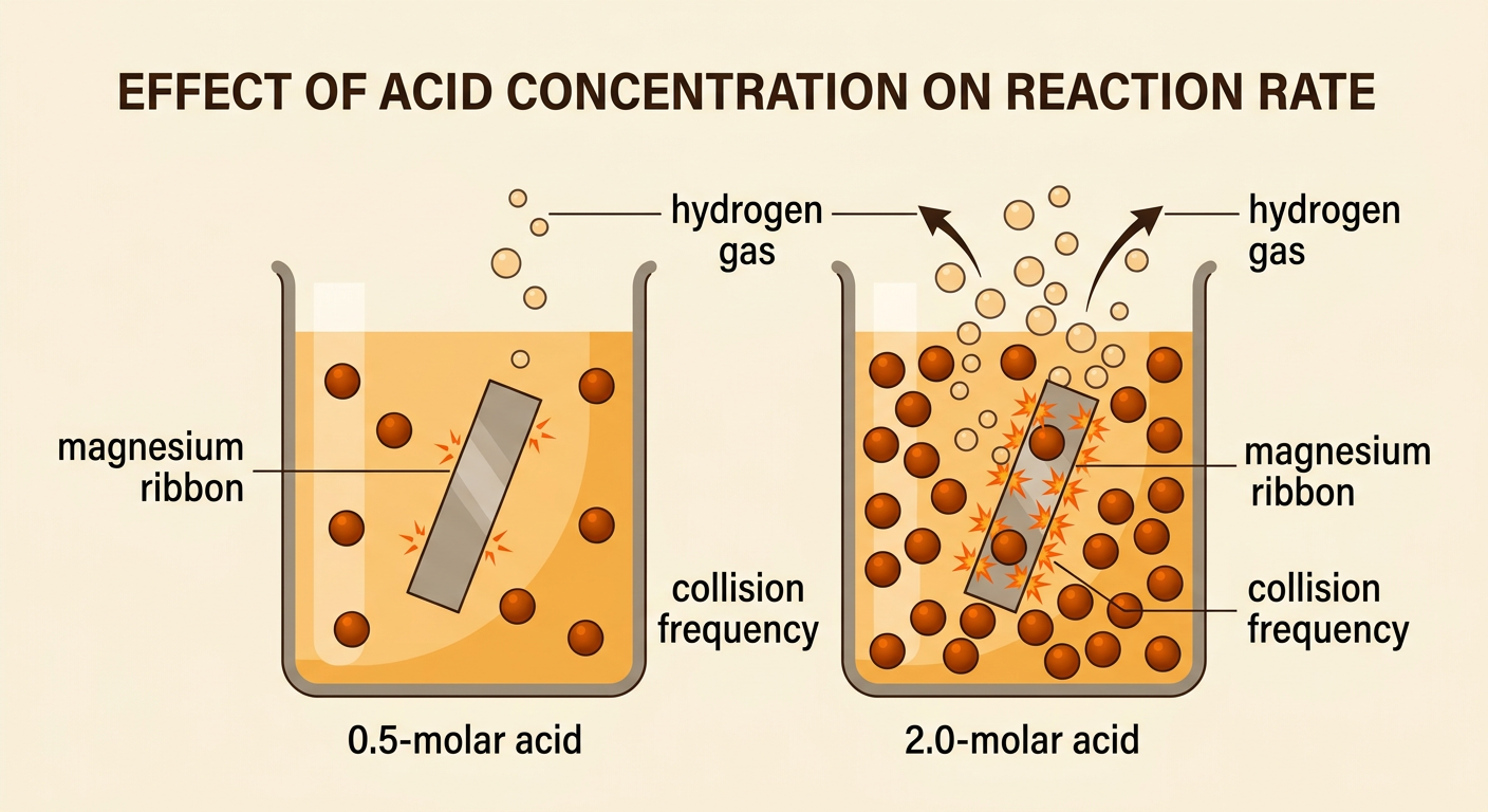 Equal magnesium ribbons react in low- and high-concentration acid with different hydrogen production rates.