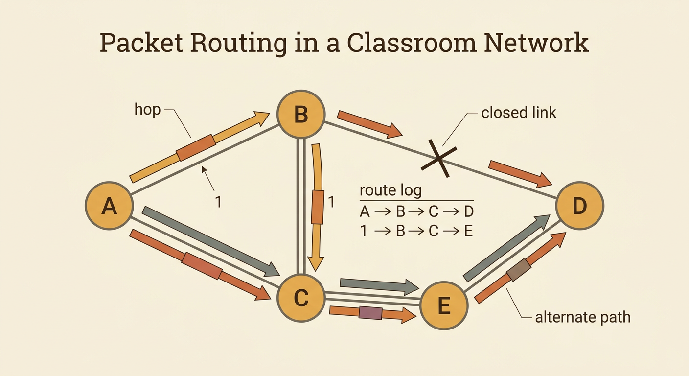 A classroom network map shows packet 1 being redirected around a closed link while its hops are recorded.