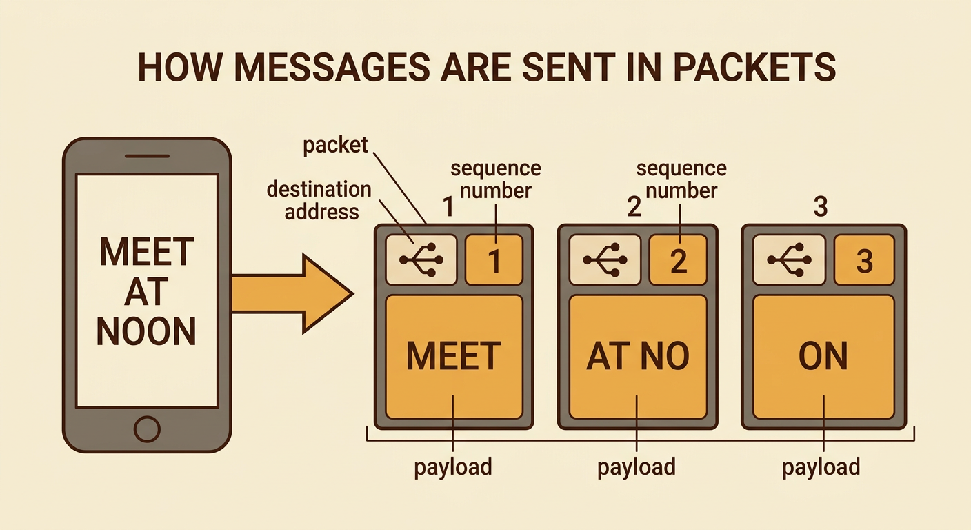 Three numbered data packets contain the pieces of “MEET AT NOON” and show their control information.