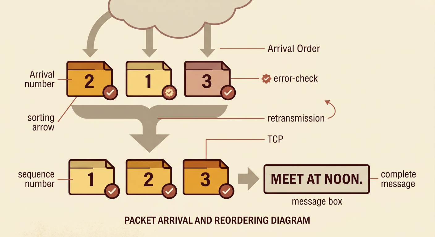 A receiving device rearranges packets arriving as 2, 1, 3 and requests a missing packet through TCP.
