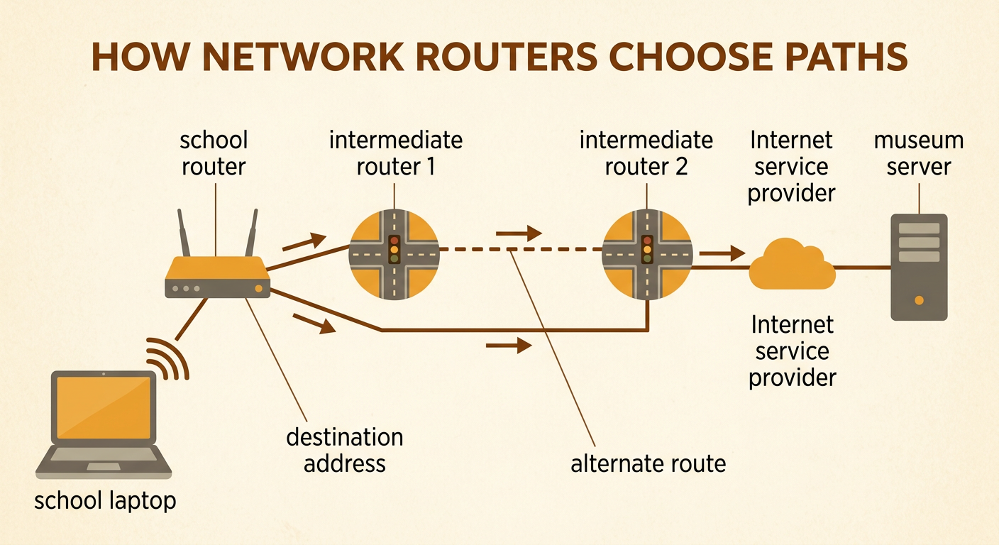 A network diagram shows a school laptop sending a packet through routers to a museum server by two possible paths.