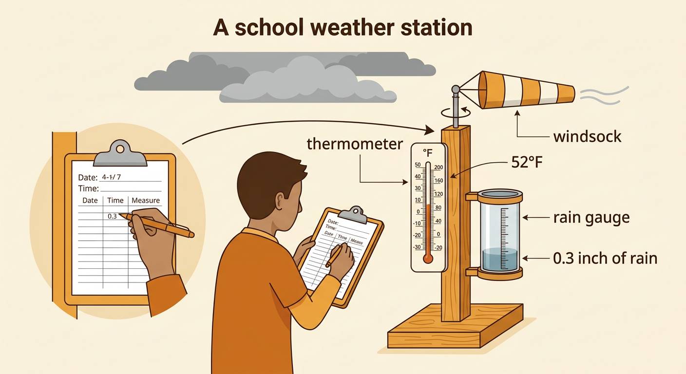 A child records Monday weather beside three weather tools at 2:00 p.m.
