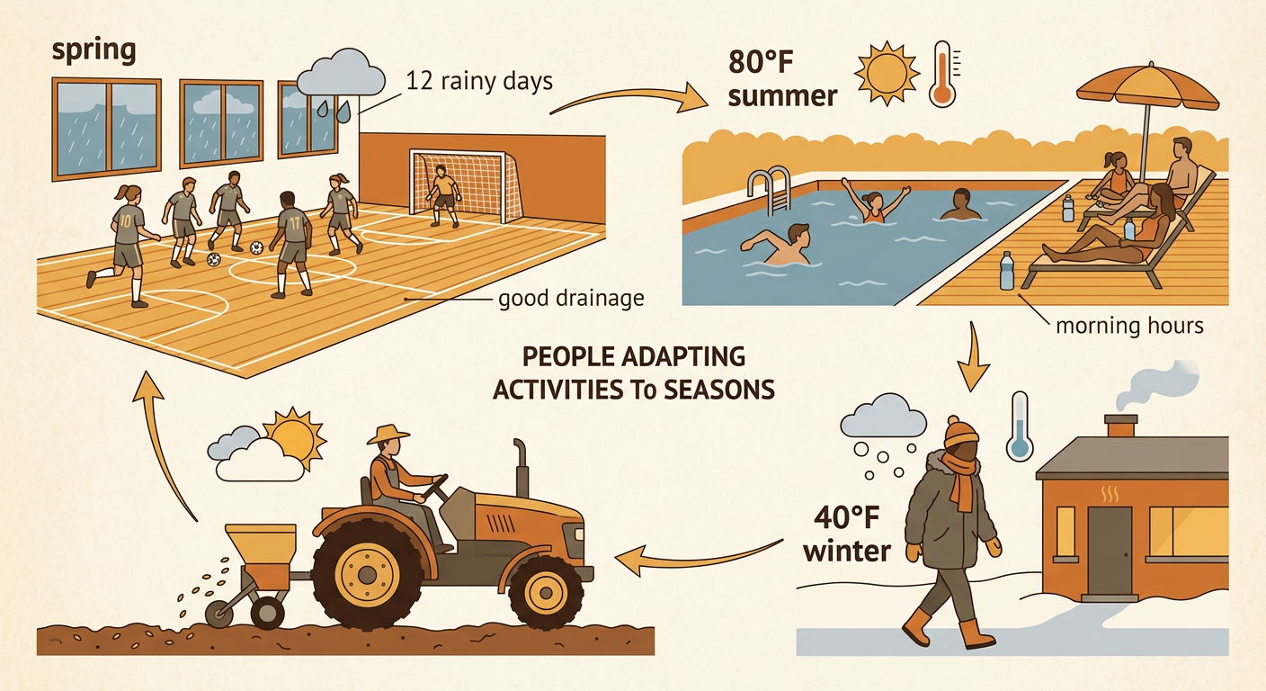 People adjust soccer, swimming, farming, and clothing choices to Riverbend’s seasonal weather.