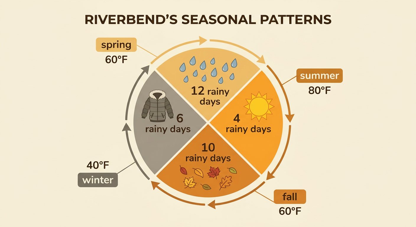 A four-season circle compares Riverbend’s typical temperatures and rainy days.
