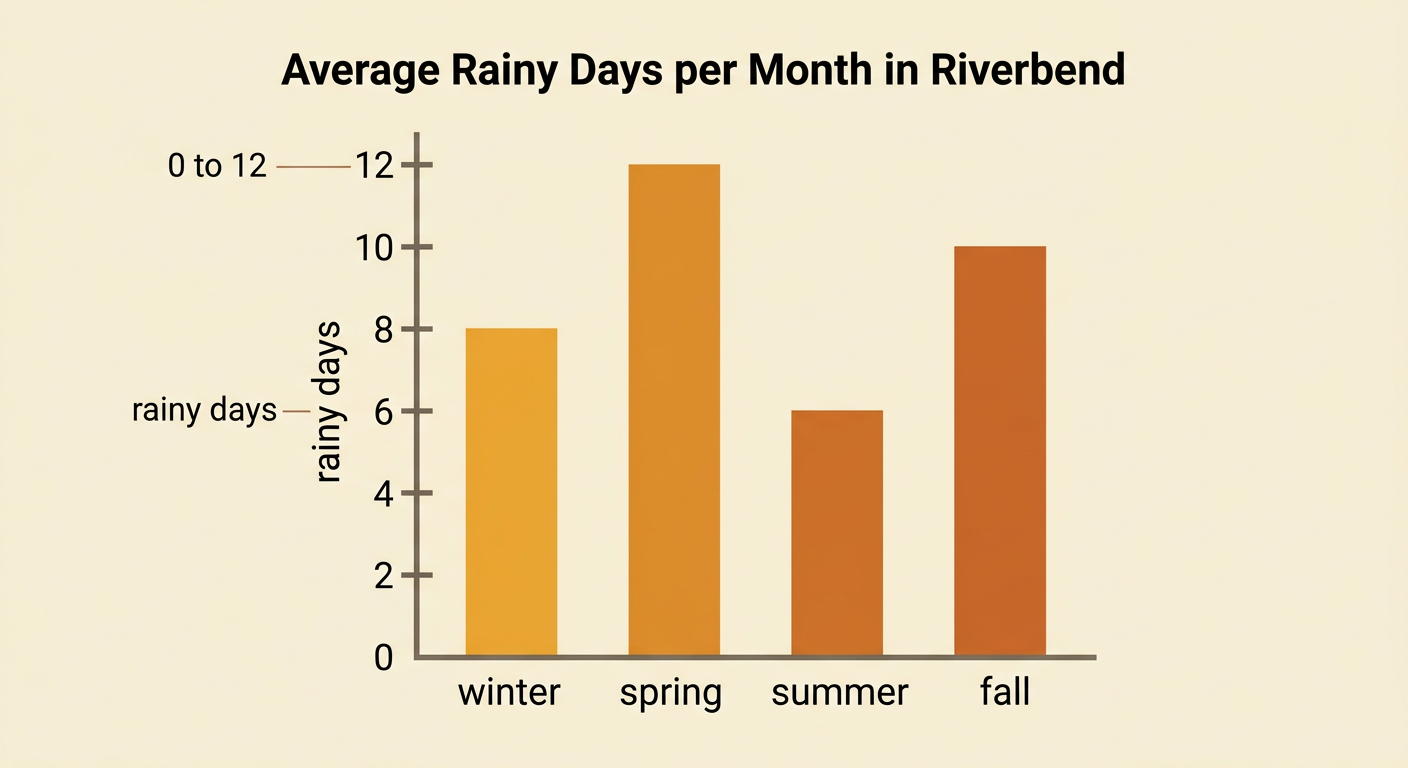 A labeled bar graph shows Riverbend’s average rainy days for each season on a scale from 0 to 12.