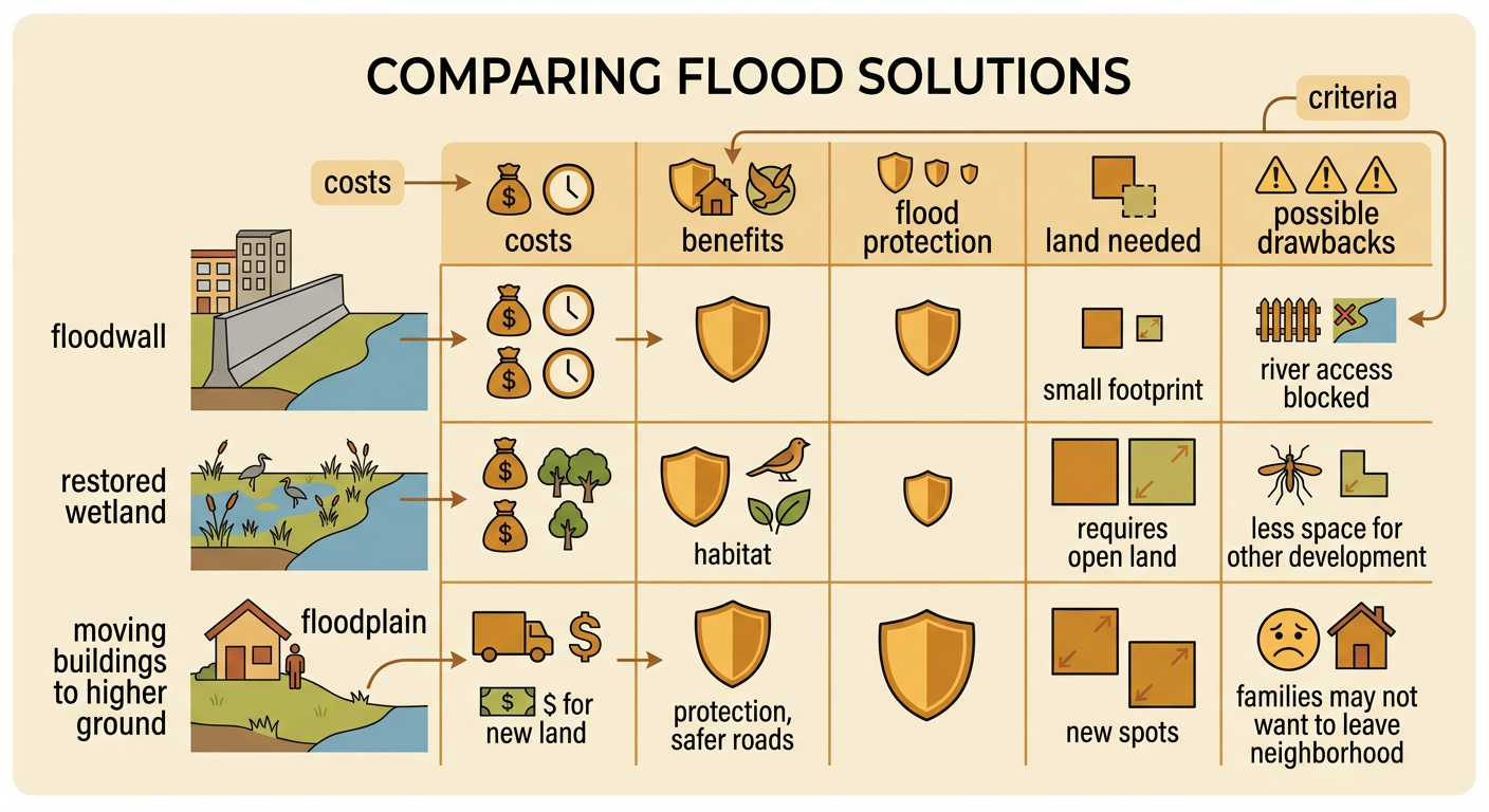A side-by-side community comparison shows a floodwall, a restored wetland, and homes moved away from the floodplain, with costs and benefits displayed.