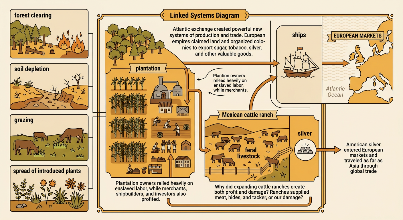 A colonial landscape shows a plantation, a silver shipment, cleared forest, and roaming livestock altering the environment.
