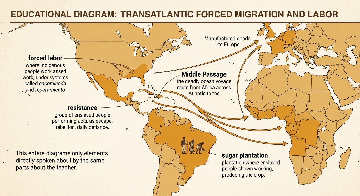 An Atlantic route map connects forced capture in Africa, the Middle Passage, and labor on a Caribbean sugar plantation.