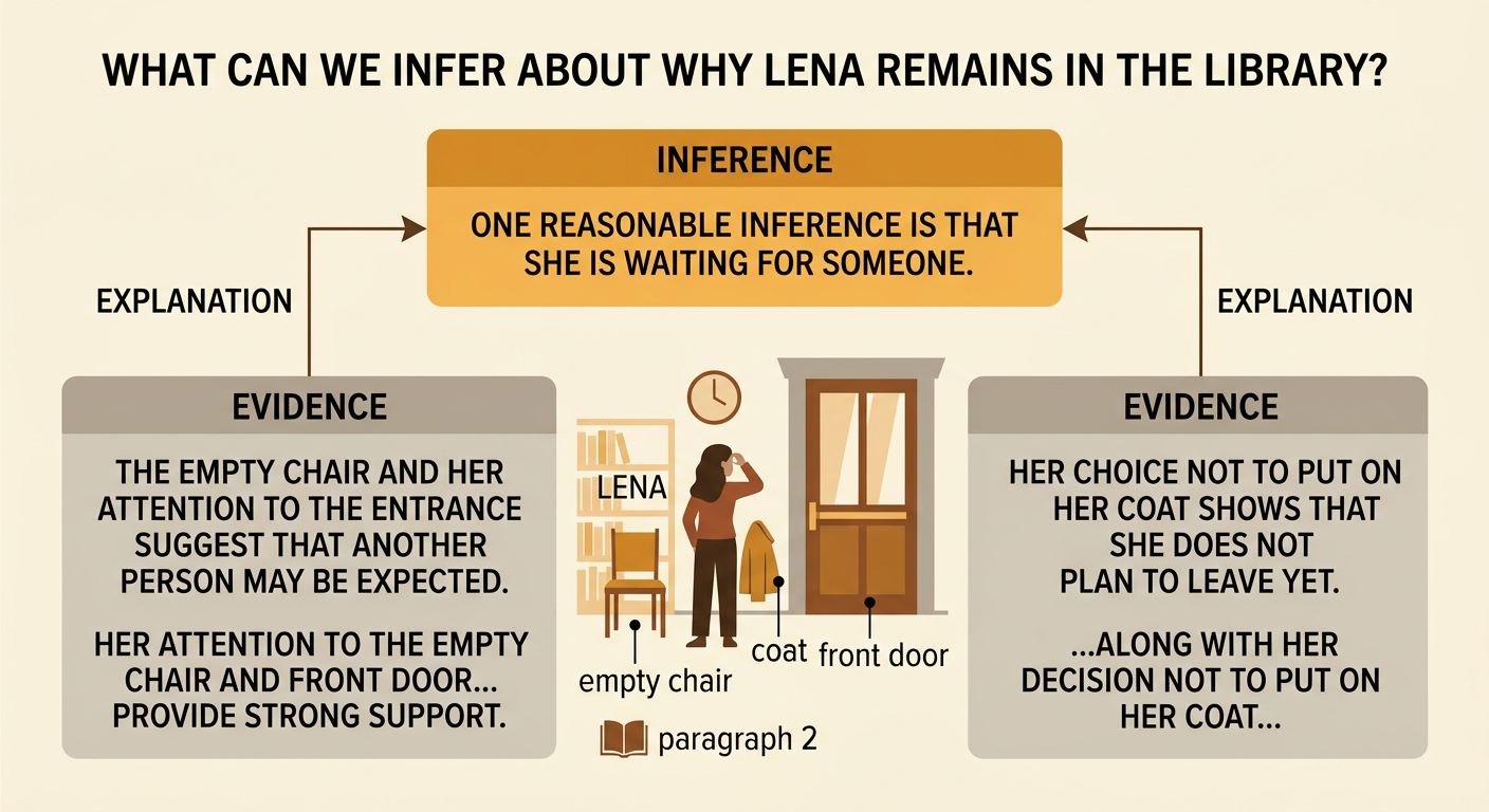 Lena sits inside a rainy library watching the front door, with an empty chair nearby and her coat still off.