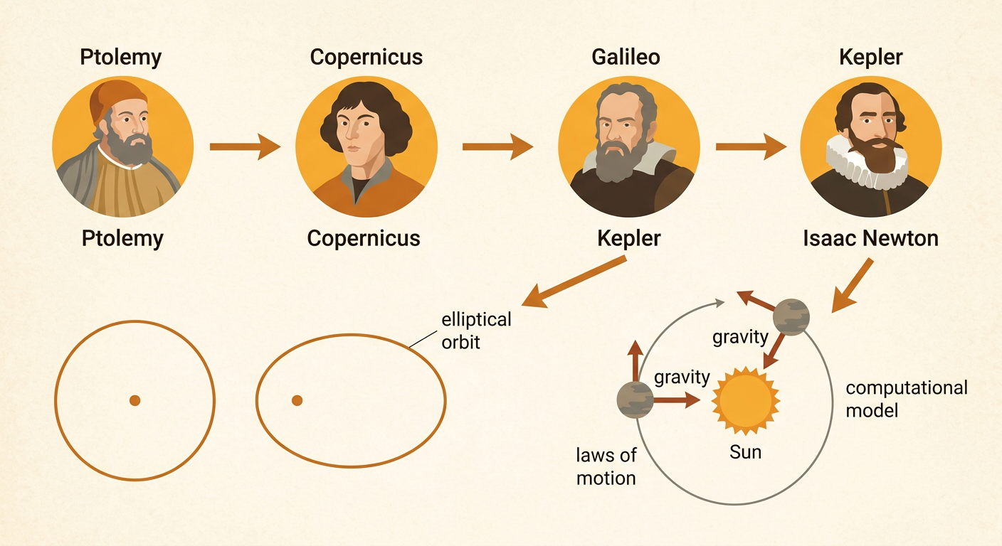 A labeled orbital diagram shows a planet following an ellipse as forward motion and gravity curve its path around the Sun.