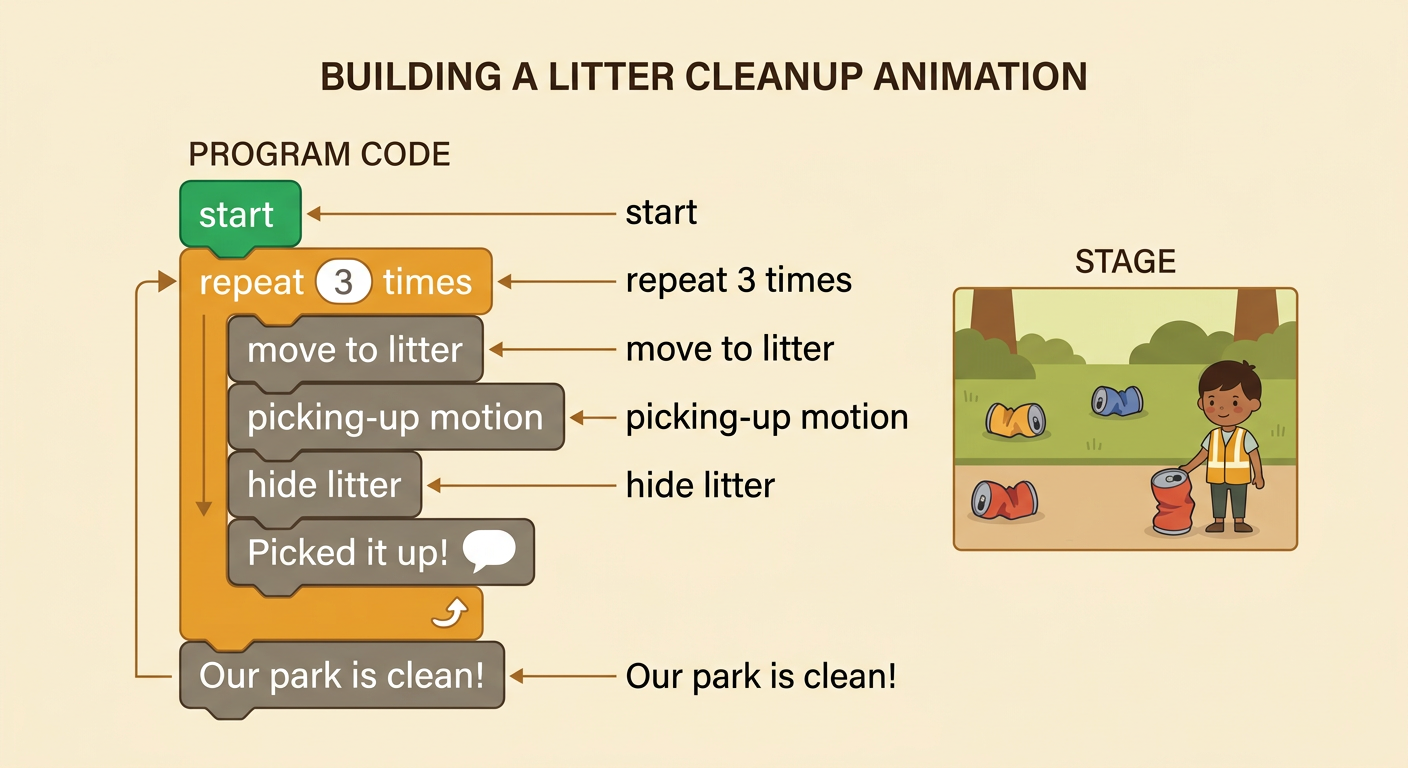 A block-code program starts, repeats three litter-collecting commands, and then shows a clean-park message.