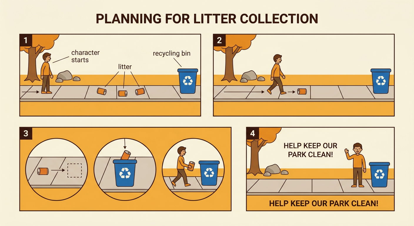 A sidewalk animation plan shows a starting character, three cans, a recycling bin, and a final cleanup message.