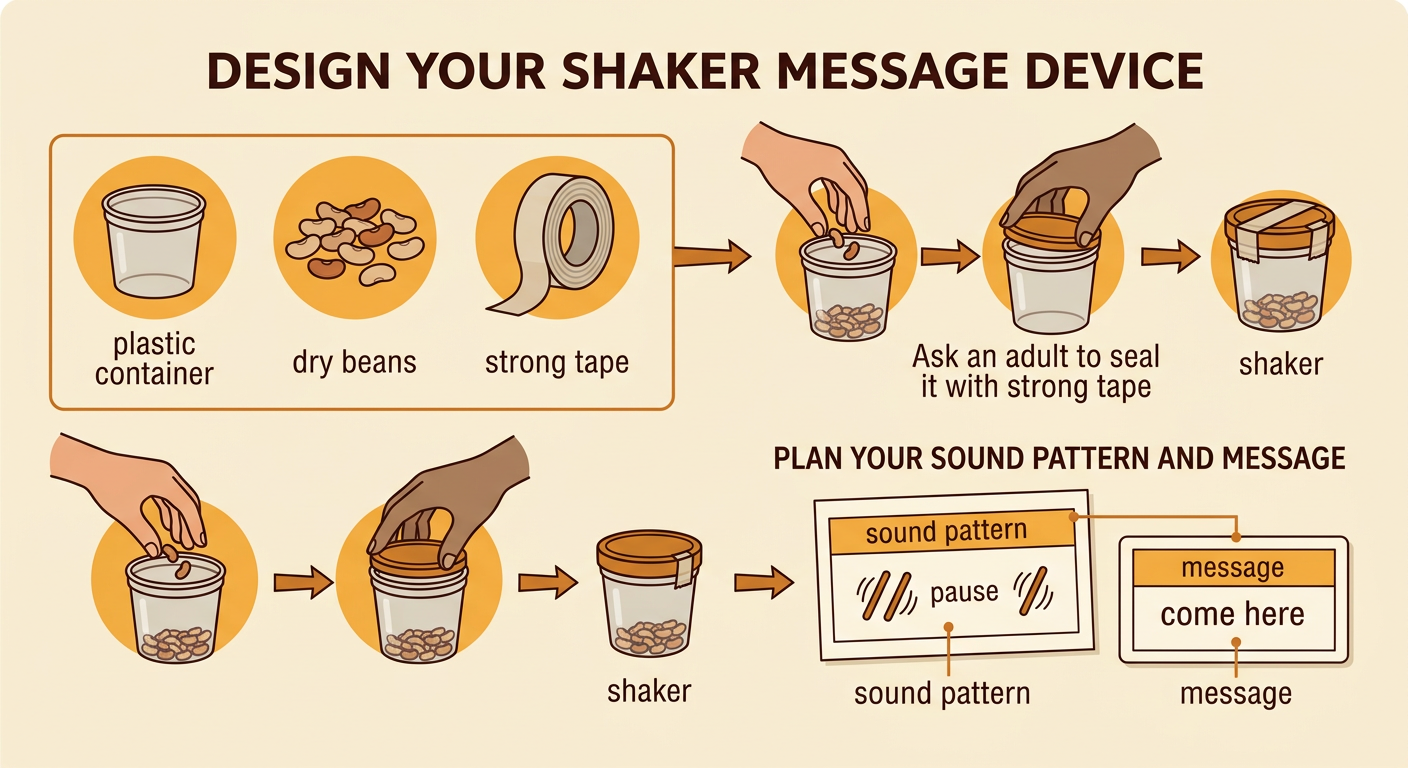 A group follows a labeled plan to build and gently use a sealed bean shaker.