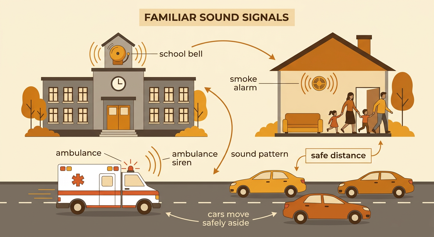 Children safely notice three familiar community sound signals from a distance.